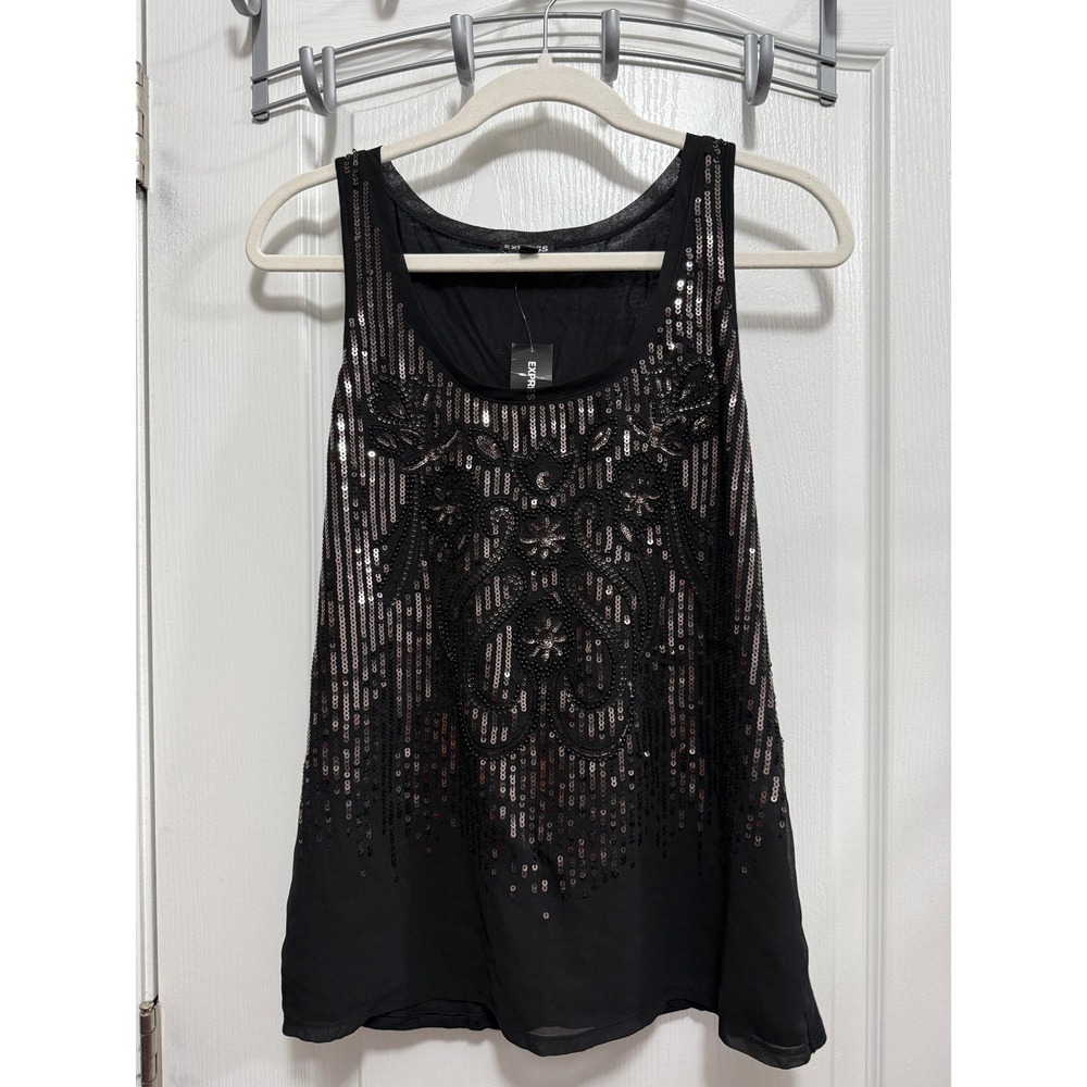 Express Womens S Black Sequin Embellished Scoop Neck Tank Top NWT‎  glam party